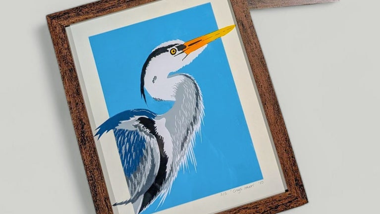 A lino print of a heron at Hardcastle Crags, Yorkshire